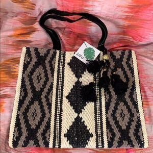 NWT Tapestry Tote Bag Boho Tribal Black/Cream/Grey